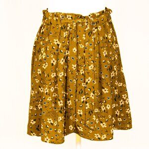 Green, White & Red Floral Print on Dark Mustard Color Crepe Mini Skirt